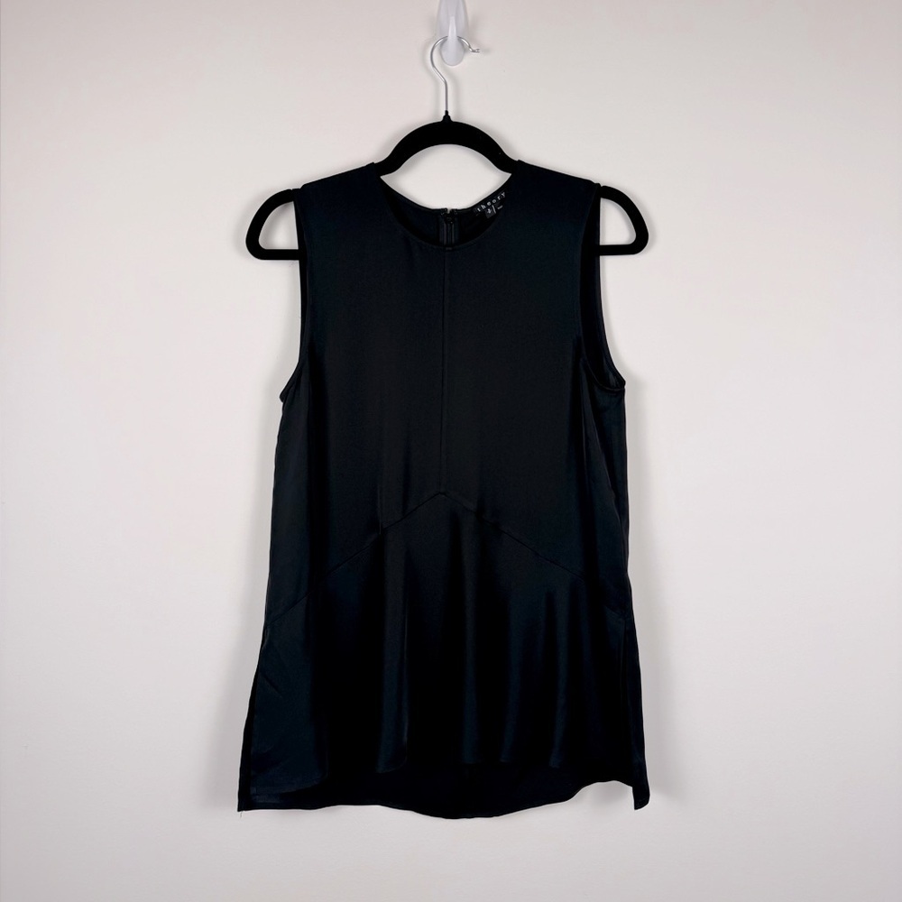 Theory Black Flowy Silky High Neck Tank Nicella Peplum Sleeveless Size S